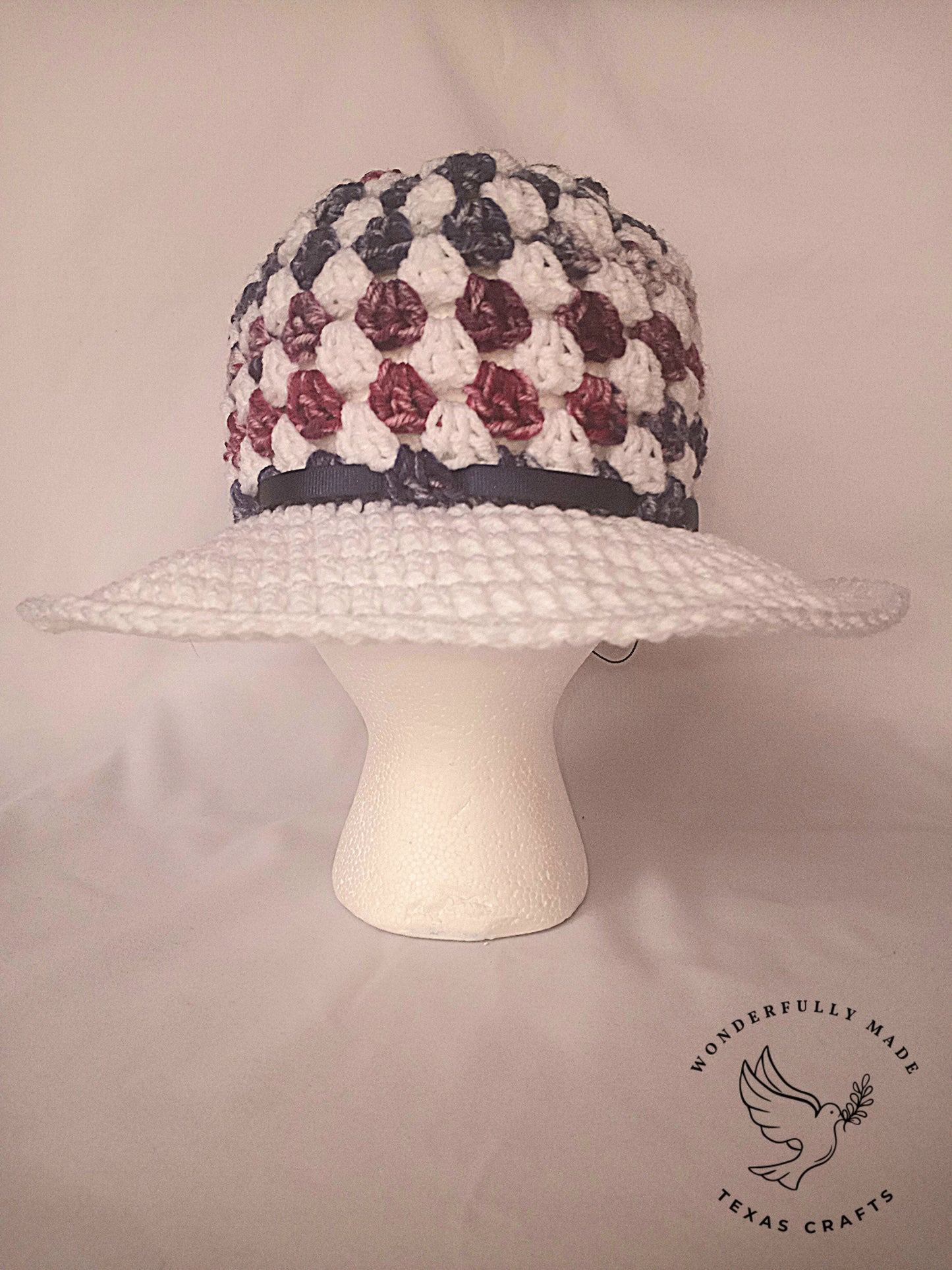 Wide Brim Sun Hat - White/Navy/Maroon