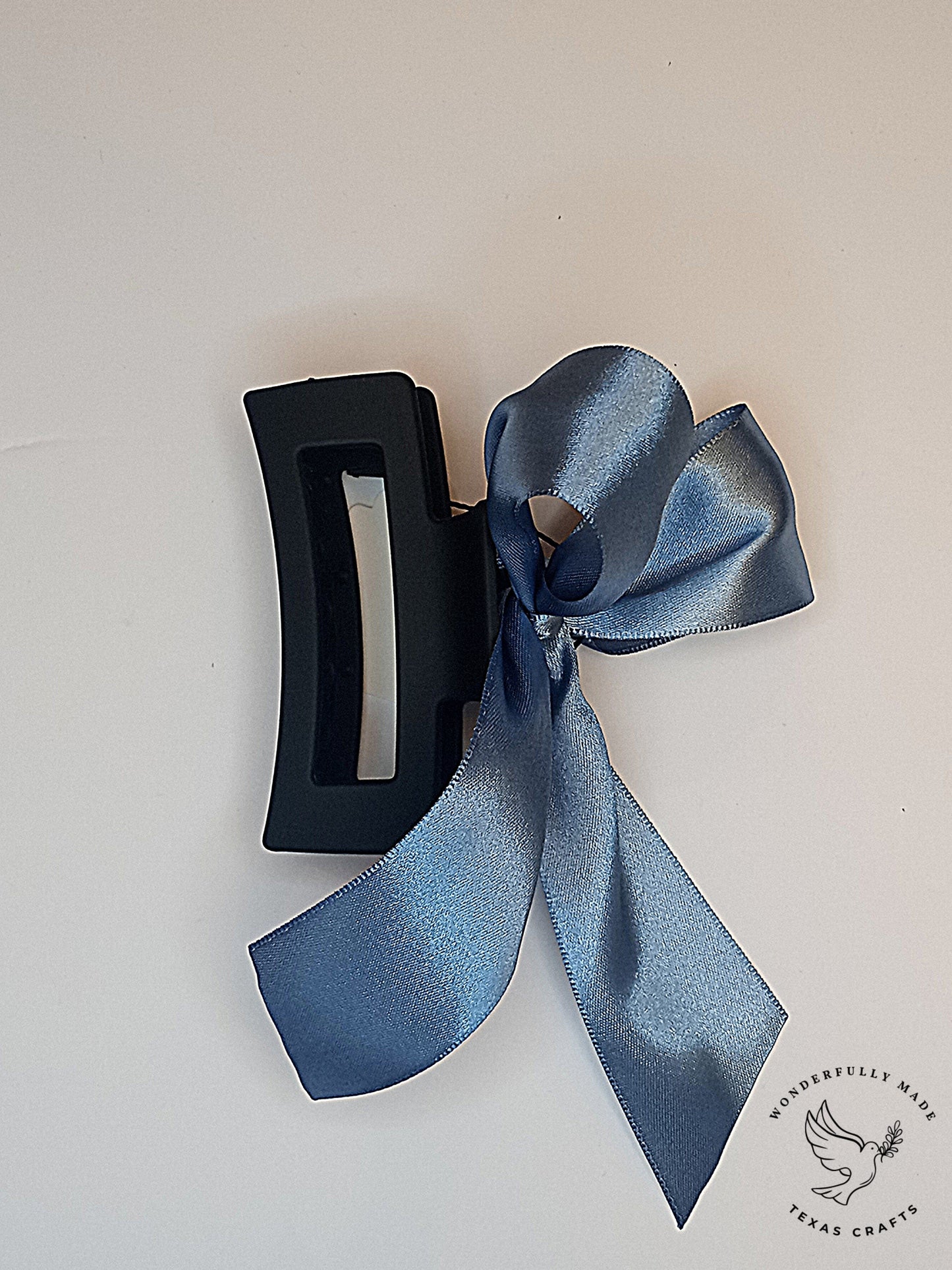 Steel Blue Satin Claw Clip with Bow