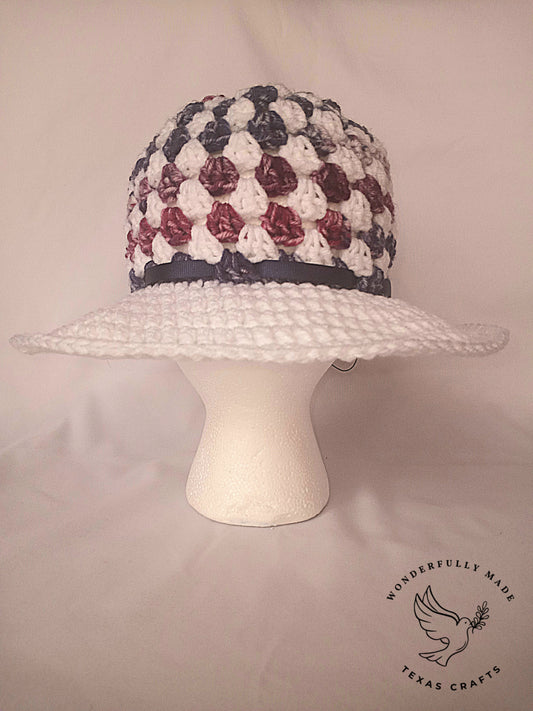 Wide Brim Sun Hat - White/Navy/Maroon