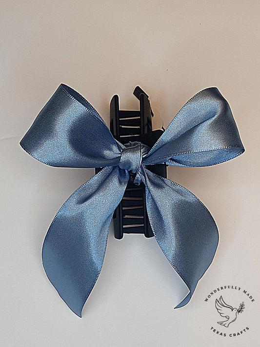Steel Blue Satin Claw Clip with Bow
