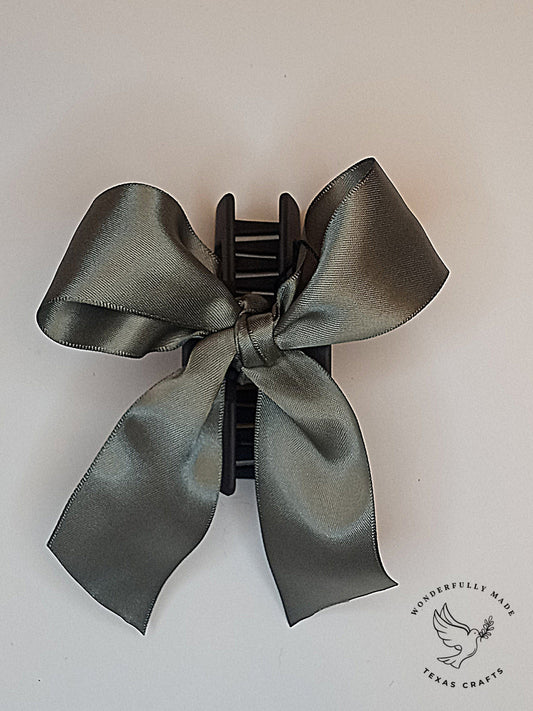 Gray Satin Claw Clip with Bow