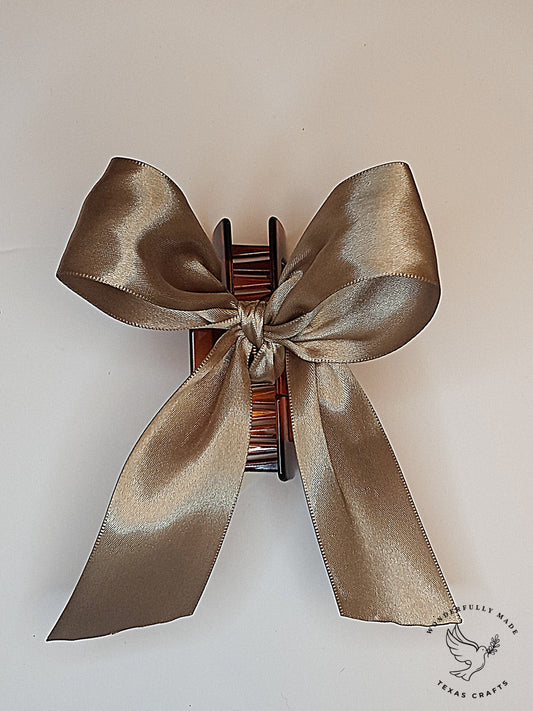 Beige Satin Claw Clip with Bow